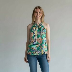 Jade Green Tropical Floral Halter Neck Sleeveless Blouse Small